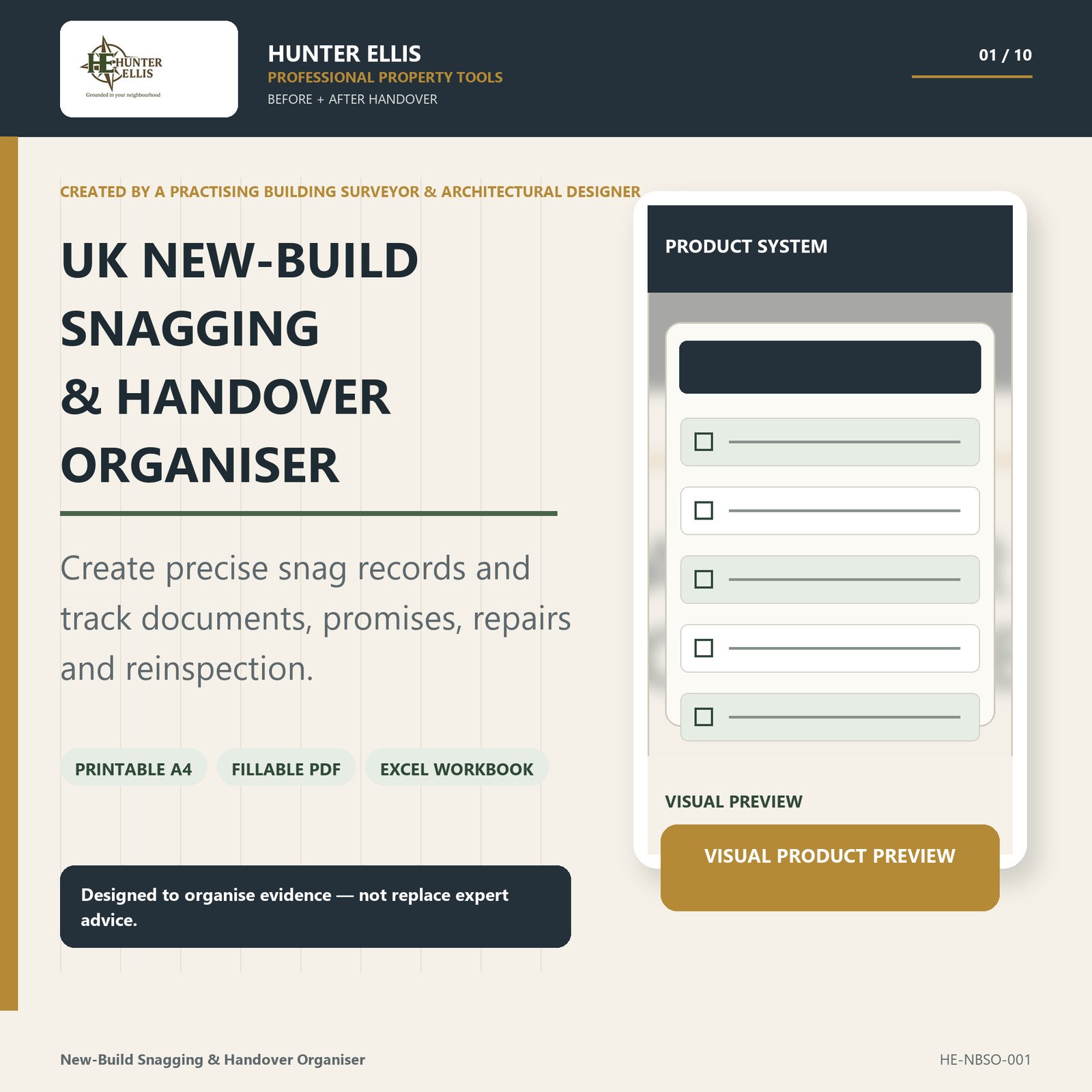 Hunter Ellis UK New-Build Snagging and Handover Organiser cover