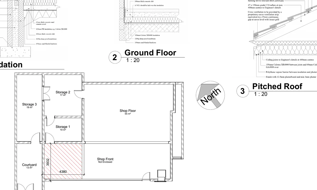 Anonymised commercial alterations drawing with floor plan and construction details