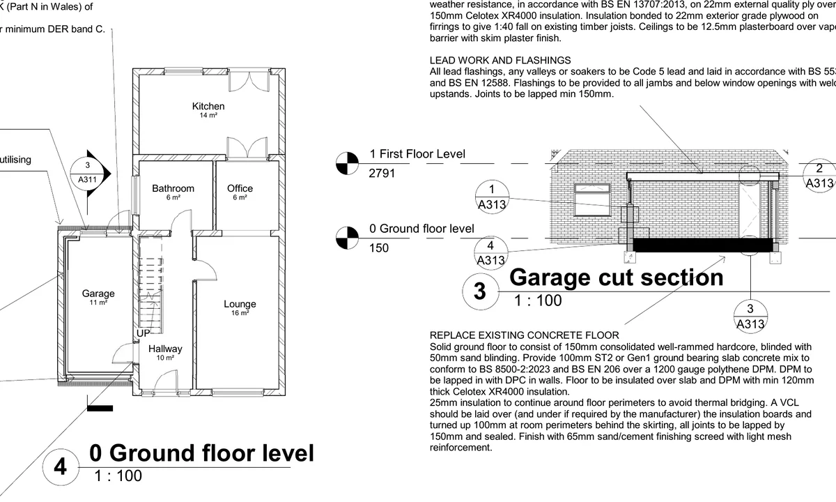 Anonymised technical drawing showing a garage conversion floor plan and construction section