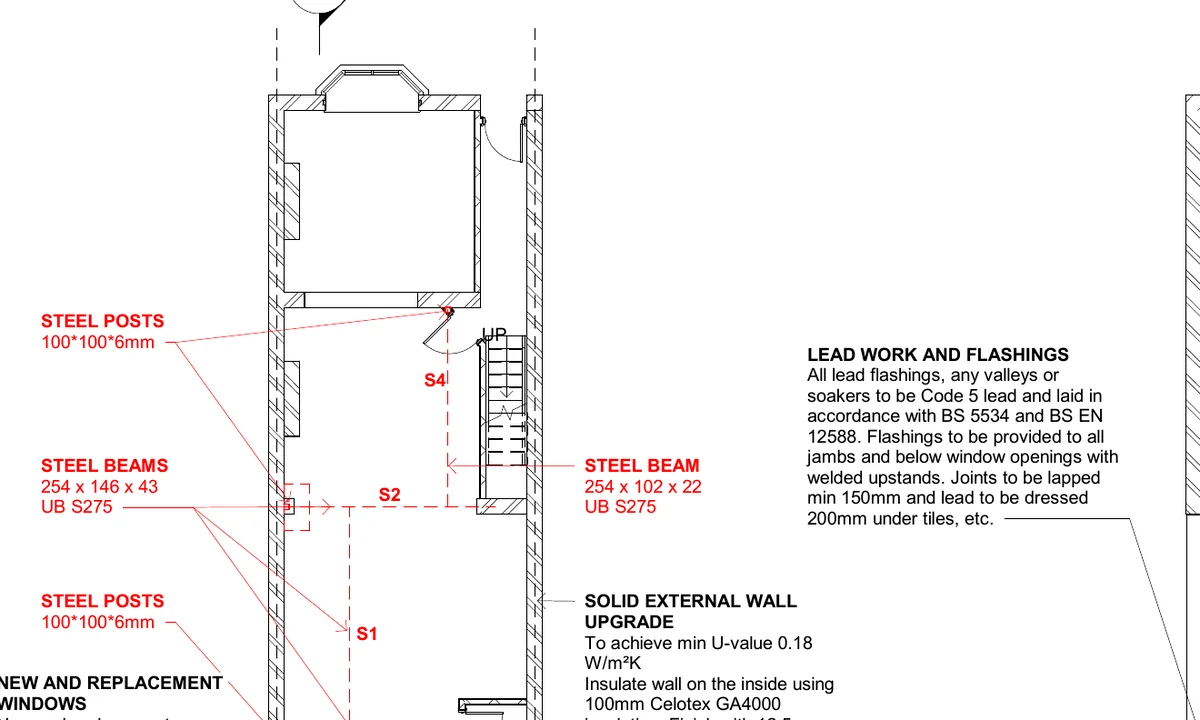 Anonymised technical drawing showing structural coordination for a residential extension